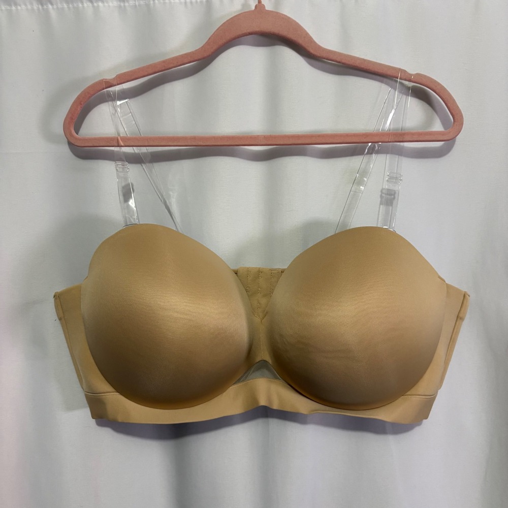 Cacique Comfort Bliss Plunge Strapless Bra Tan Nude 46DD Clear Straps Multi-Way